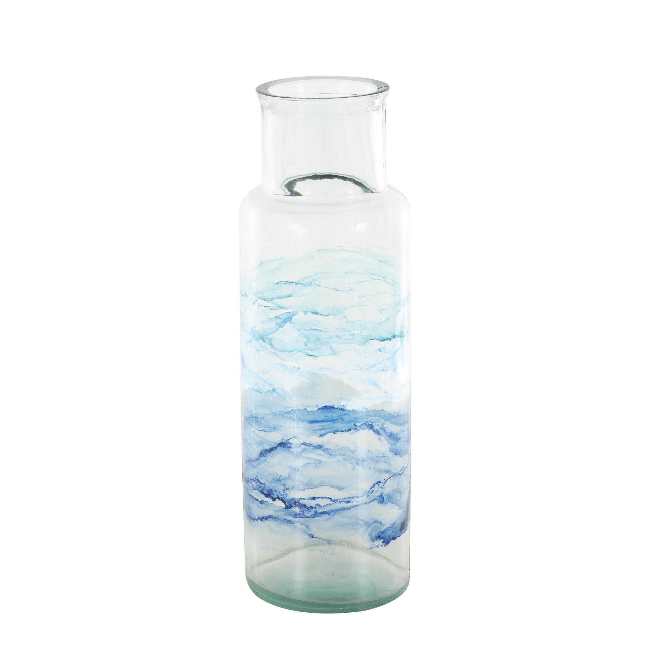 DecMode 18" Abstract Handmade Slim Spanish Bottle Neck Blue Recycled Glass Vase with Ombre Swirled Bands