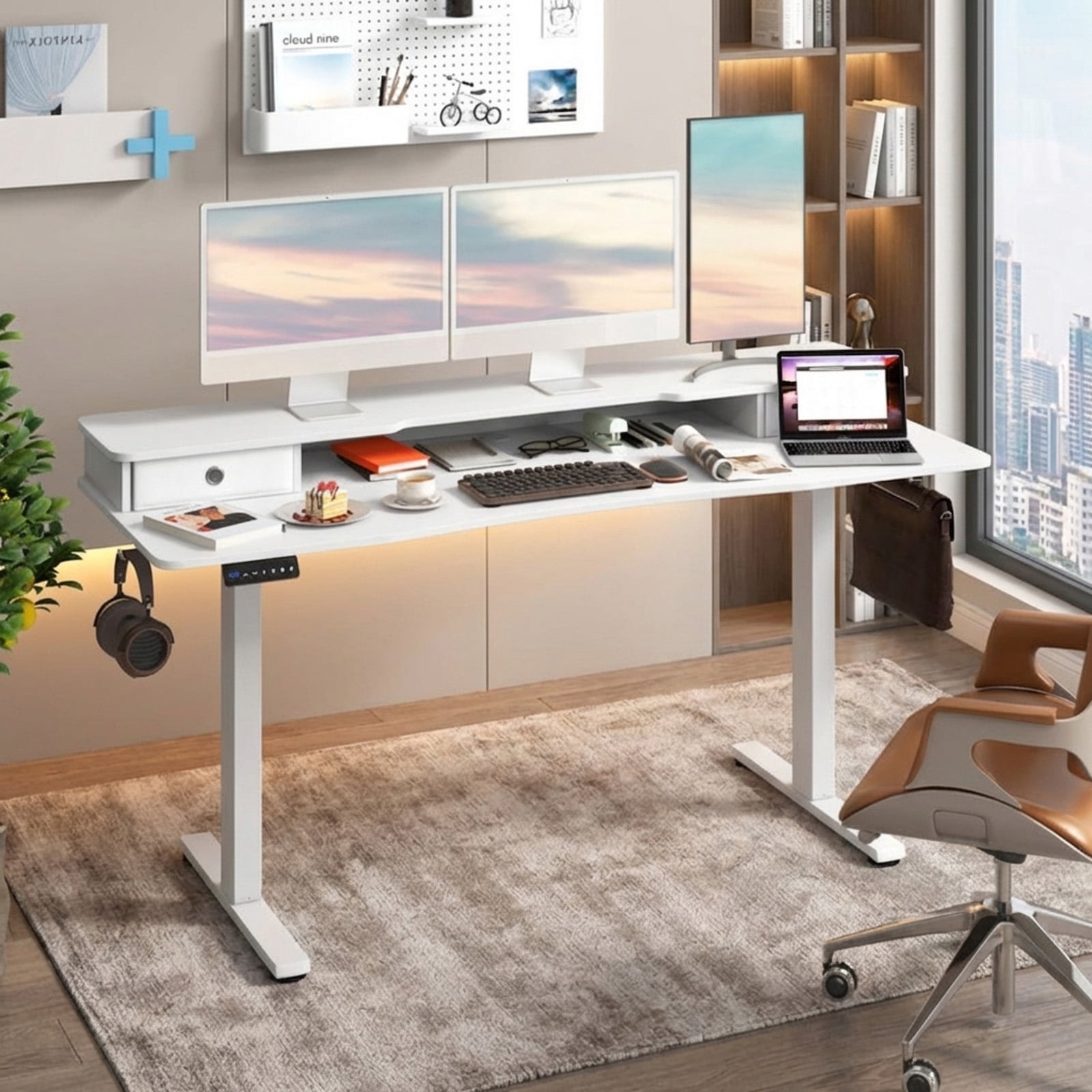 Furnibear 63 x 24 Inch Large Electric Standing Desk with 2 Drawers Monitor Stand Memory Presets Anti-Collision White