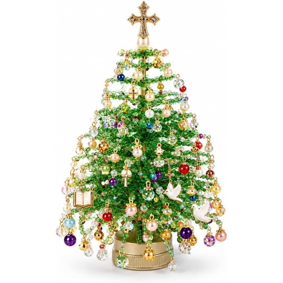 DIY Beaded Christmas Tree Kit, Handmade Mini Desk Xmas Bead Art, Christmas Tree Ornament Making Kit with Colorful Bead & Ornament, Holiday Tabletop Decoration, Craft Gift for Craft Lovers (Christian)