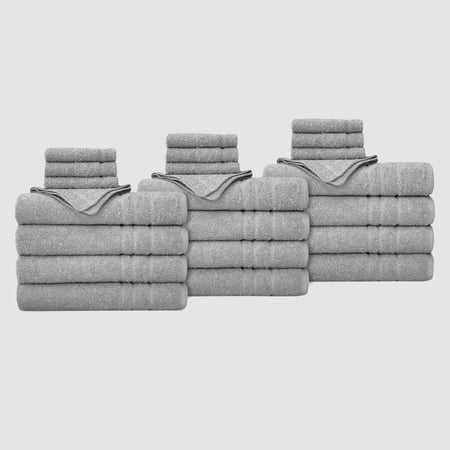 True Hue 24 Piece Cotton-Recycled Polyester Bleach Safe Bath Towel Set Grey