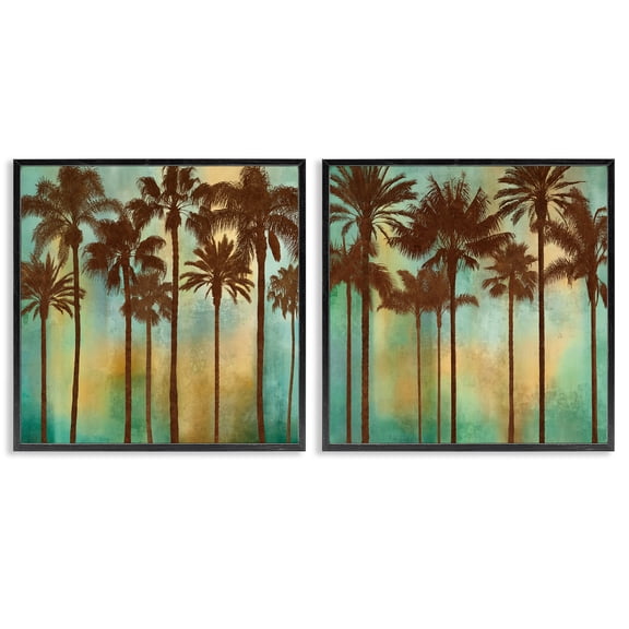 Stupell Industries Palms on Blue & Orange Landscape & Nature Painting Black Framed Art Print Wall Art, 12 x 12, Set of 2