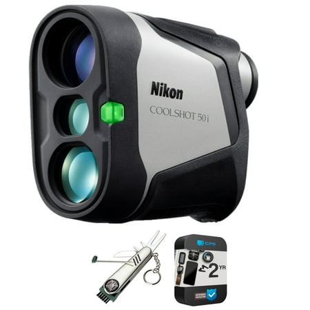 Nikon COOLSHOT 50i Golf Rangefinder with OLED Display + Mount (Renewed) Bundle with Deco Essentials Stainless Steel 7-in-1 Multi-Function Golf Tool + 2 Year Enhanced Protection Pack