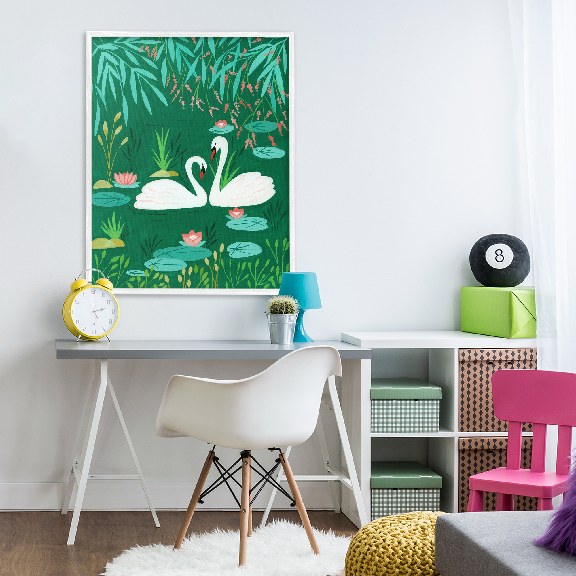 Swan Pair on Green Pond White Framed Giclee Art, design by Nabeela Rumi