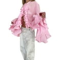 thumbnail image 2 of Blusas Casuales para Mujer, con Mangas Acampanadas, Cuello Alto y Volantes, Camisa de Verano A para Vacaciones. Rosa XL, 2 of 10