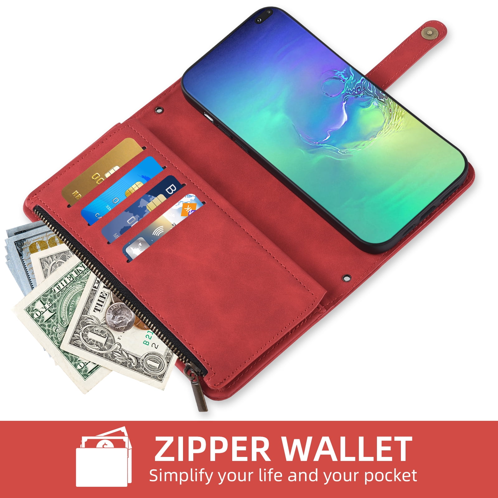 Asuwish Phone Case for Samsung Galaxy S10 Plus Wallet Cover With Tempered Glass Screen Protector Crossbody Wrist Strap Flip Pattern Zipper Card Holder Cell S10+ S10plus 10S Edge S 10 10plus Women Red