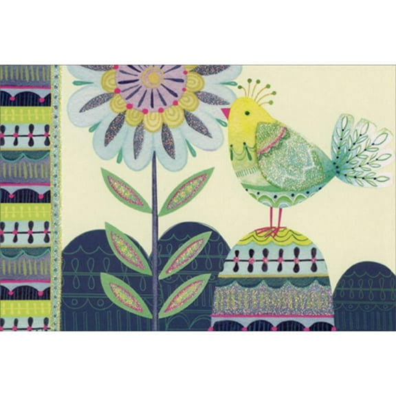 Pictura Patterned Blue, Green and Yellow Bird and Flower Nicole Tamarin Patchwork Birthday Card