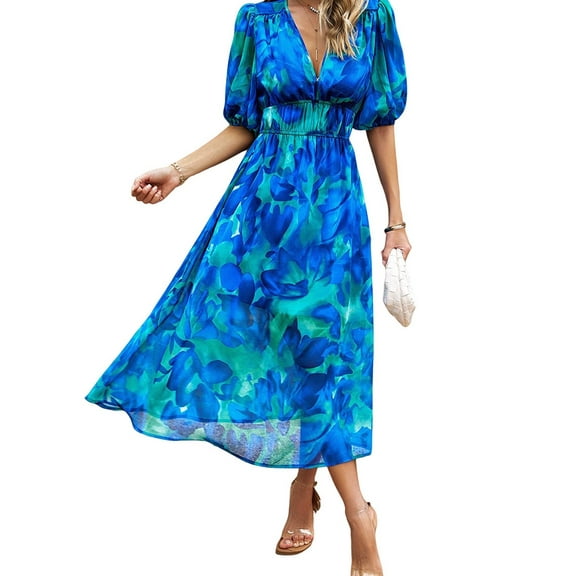 Womens Summer Dresses 2025 Casual Puff Short Sleeve V Neck Floral Boho Maxi Dress Blue XL