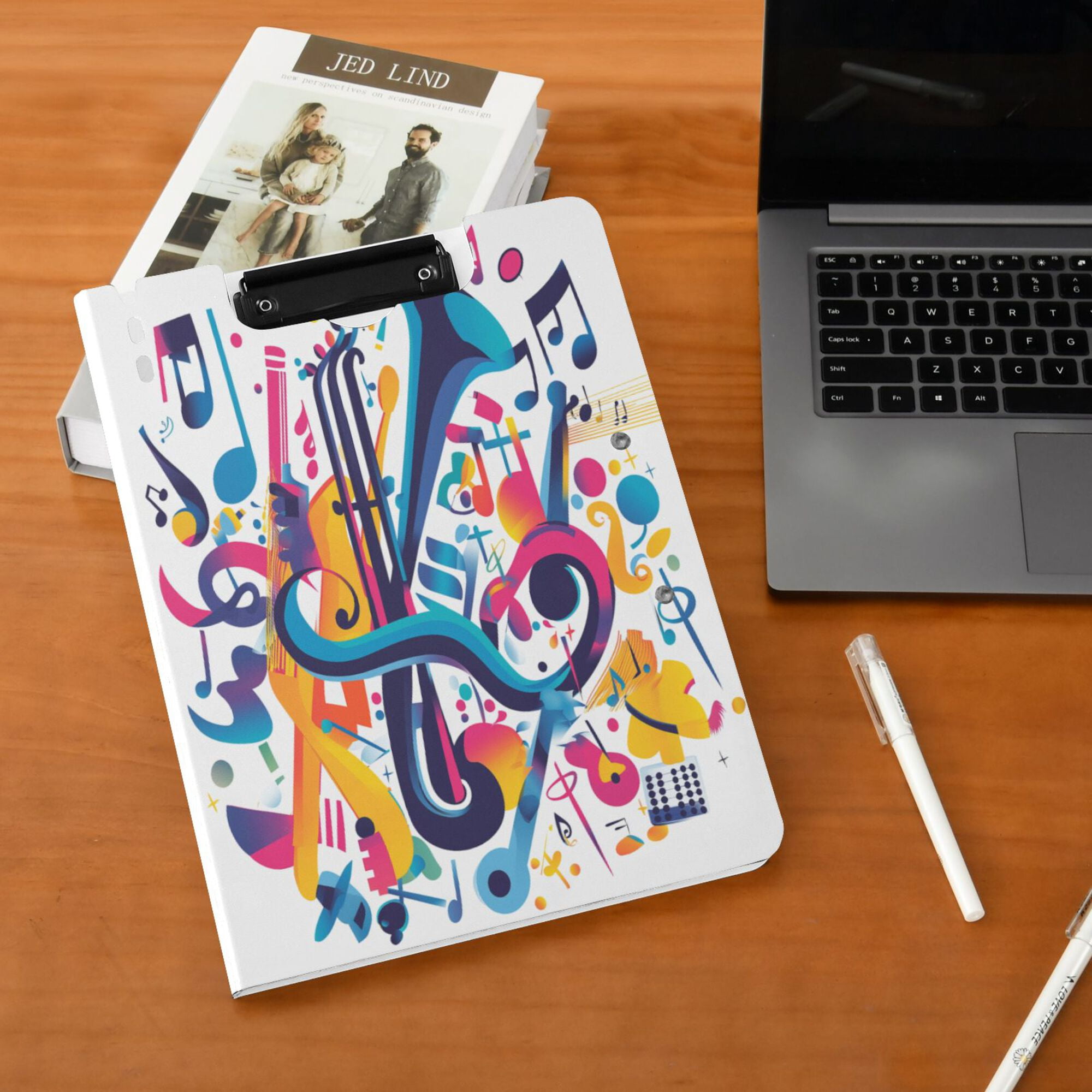 FORMRS A4 Clipboard Folder with Pen Holder Horizontal Foldable School Office Binder, Musical Pattern