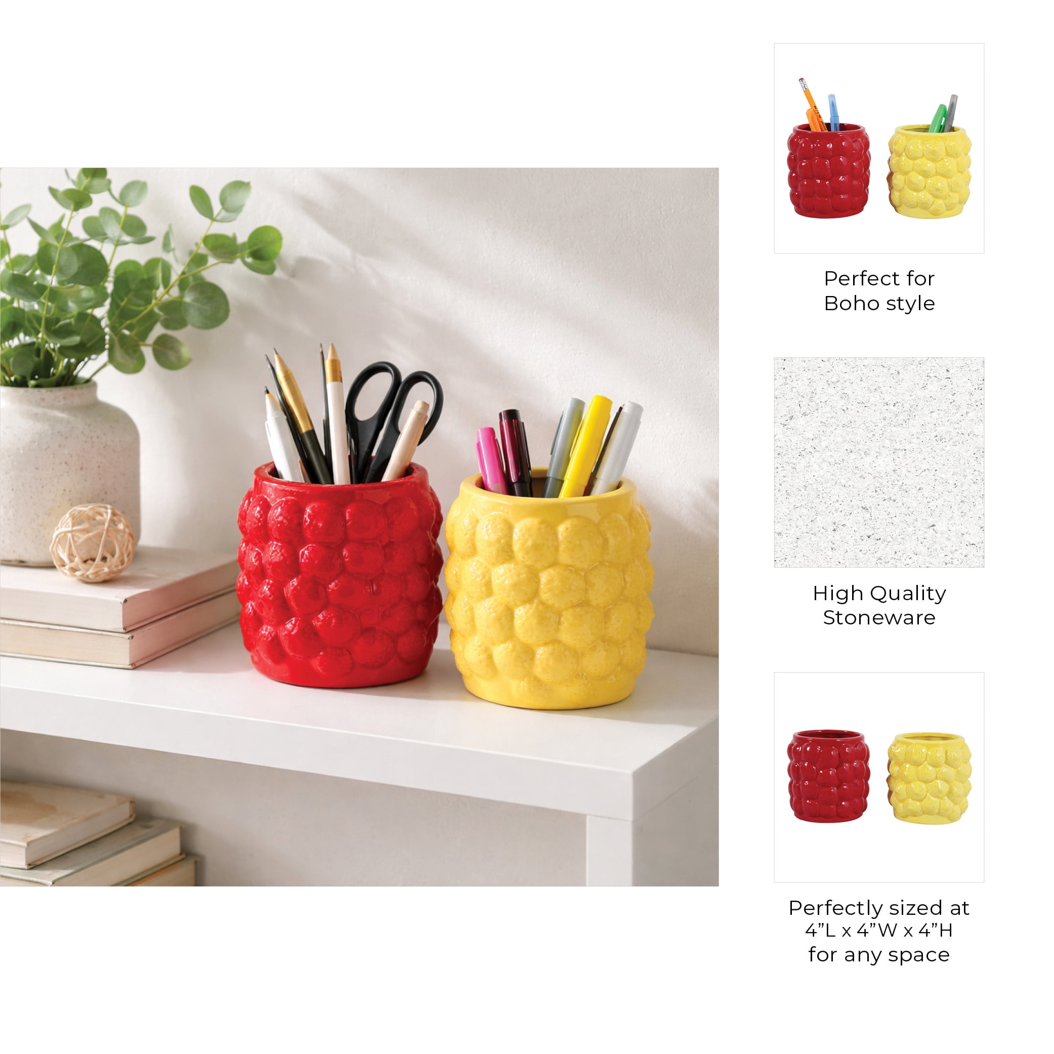 Modern Ceramic Pencil Cup for Desk and Desktop Organization - Small Ceramic Desk Storage Organizer for Office Workspace - Decorative Accessory for Home Decor Display - Set of 2, 4", Red & Yellow