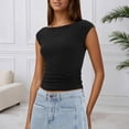 thumbnail image 2 of DHFJKG Crop Tops For Women Boat Neck Short Sleeve T Shirt Sexy Slim Fit Basic Tee Summer Going Out Daily Wear Comfy Top, 2 of 4