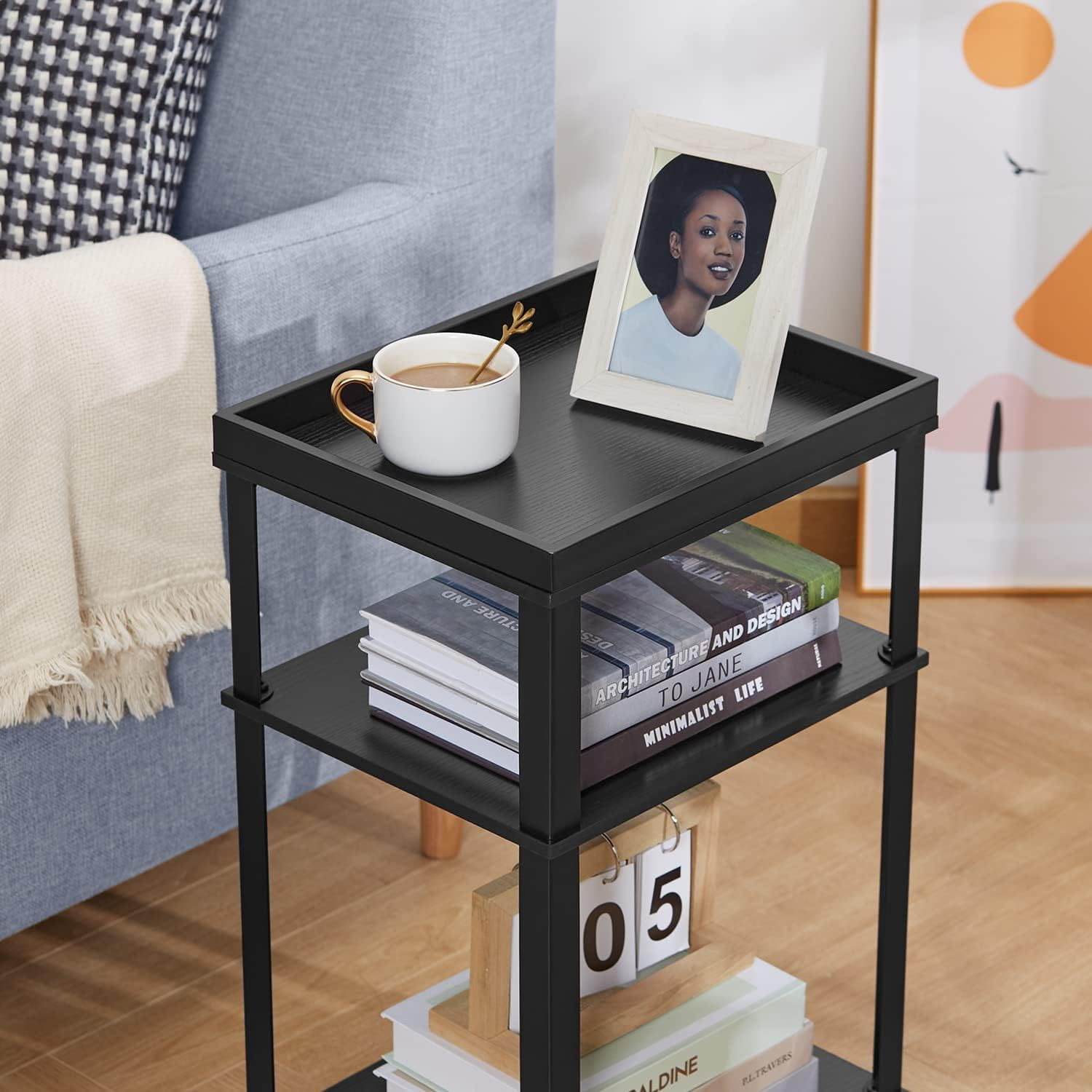 Small Side Table for Small Spaces - Slim End Table with Magazine Holder - 2 in 1 Design Narrow End Table Living Room - Skinny Bedside Table Nightstand Bedroom Thin Side Table, Black