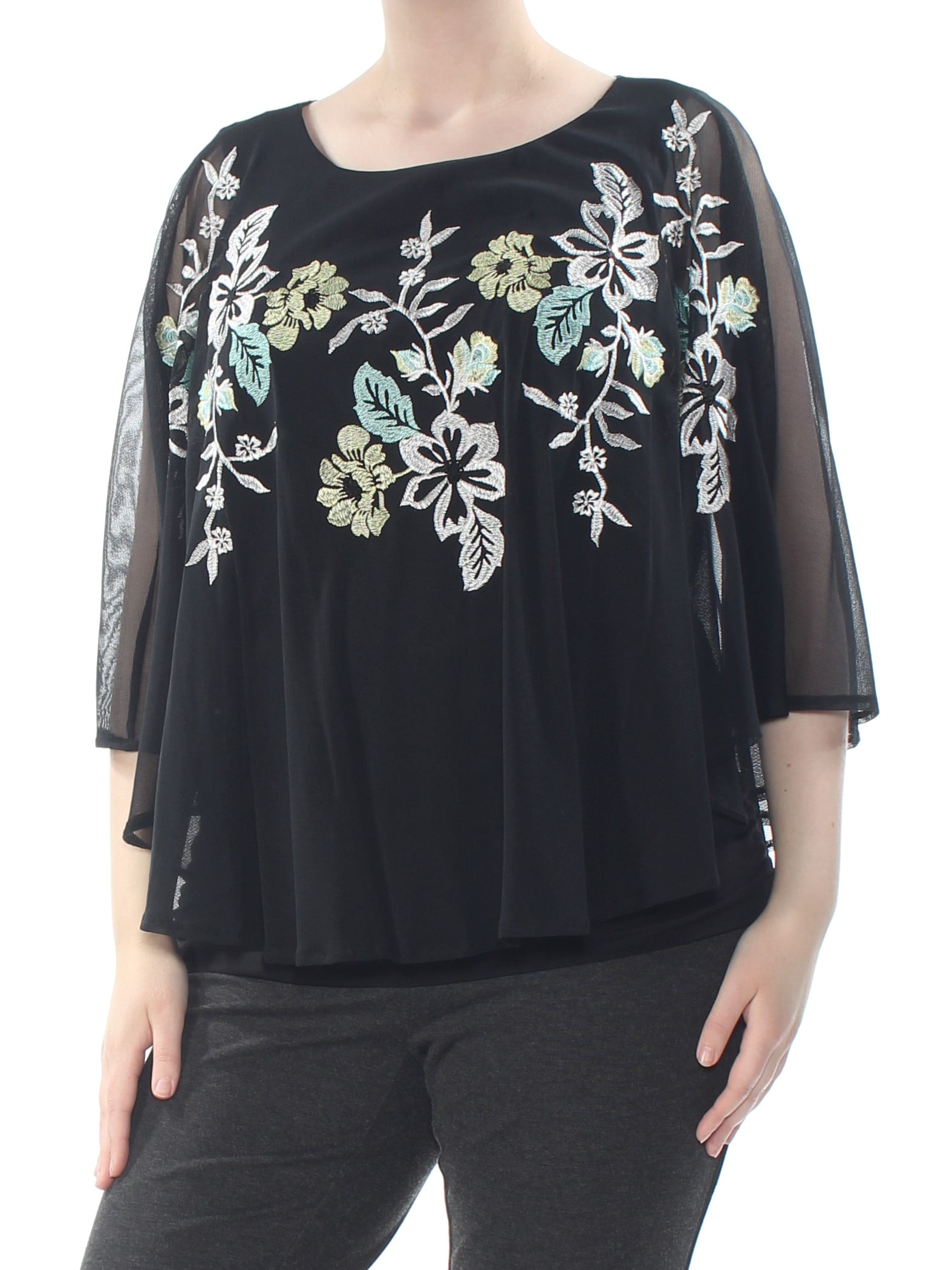 Alfani ALFANI Womens Black Embroidered Sheer Floral 3/4 Sleeve Top