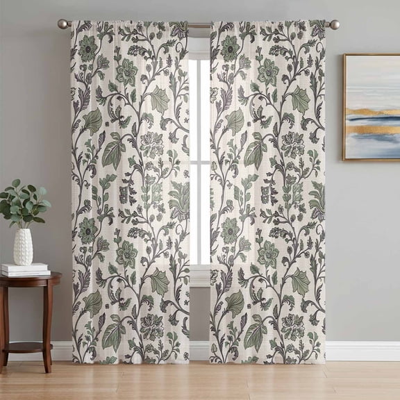 Sage Green Leaf Semi Sheer Curtains 108 Inch Length 2 Panels Set, Vintage Farmhouse Boho Pastoral Tribal Sheer Kitchen Curtain Privacy Voile Window Curtain for Living Room Bedroom Rod Pocket Drapes