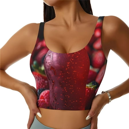 Adobk Berry Infused Refreshment Print Sports Bras for Women Longline Workout Crop Tank Tops Padded with Built in Shelf Padded Sports Bra-Medium