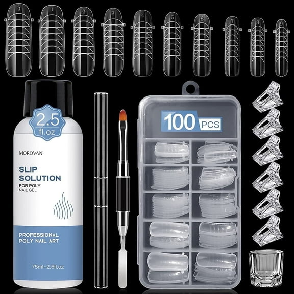 Morovan Nail Slip Solution Kit: 2.5 OZ Anti‑Stick Gel Liquid for PolyGel Nails with Dual‑Ended Brush & Nail Forms Ideal for Beginners
