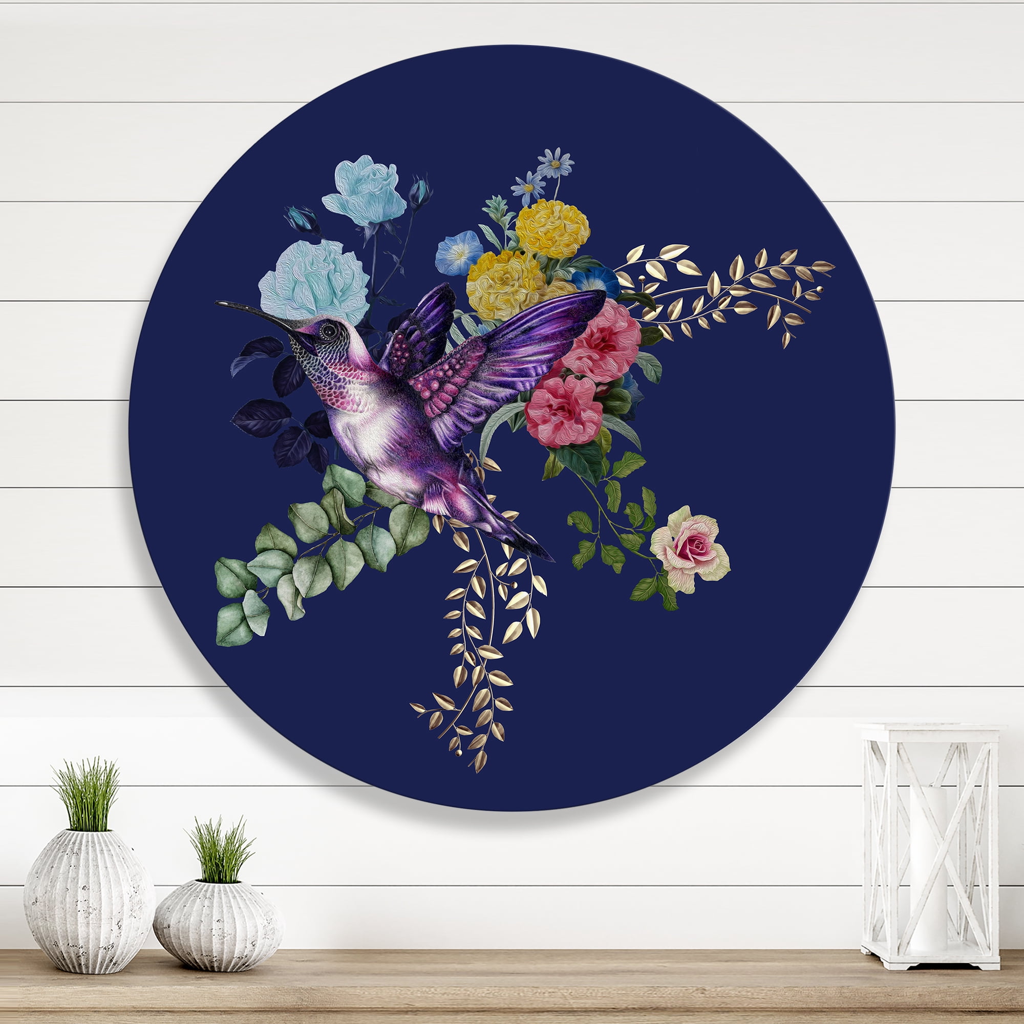 Designart 'Little Bird Sitting On Colourful Bouquet Of Wildflowers I' Traditional Circle Metal Wall Art 23x23 - Disc of 23