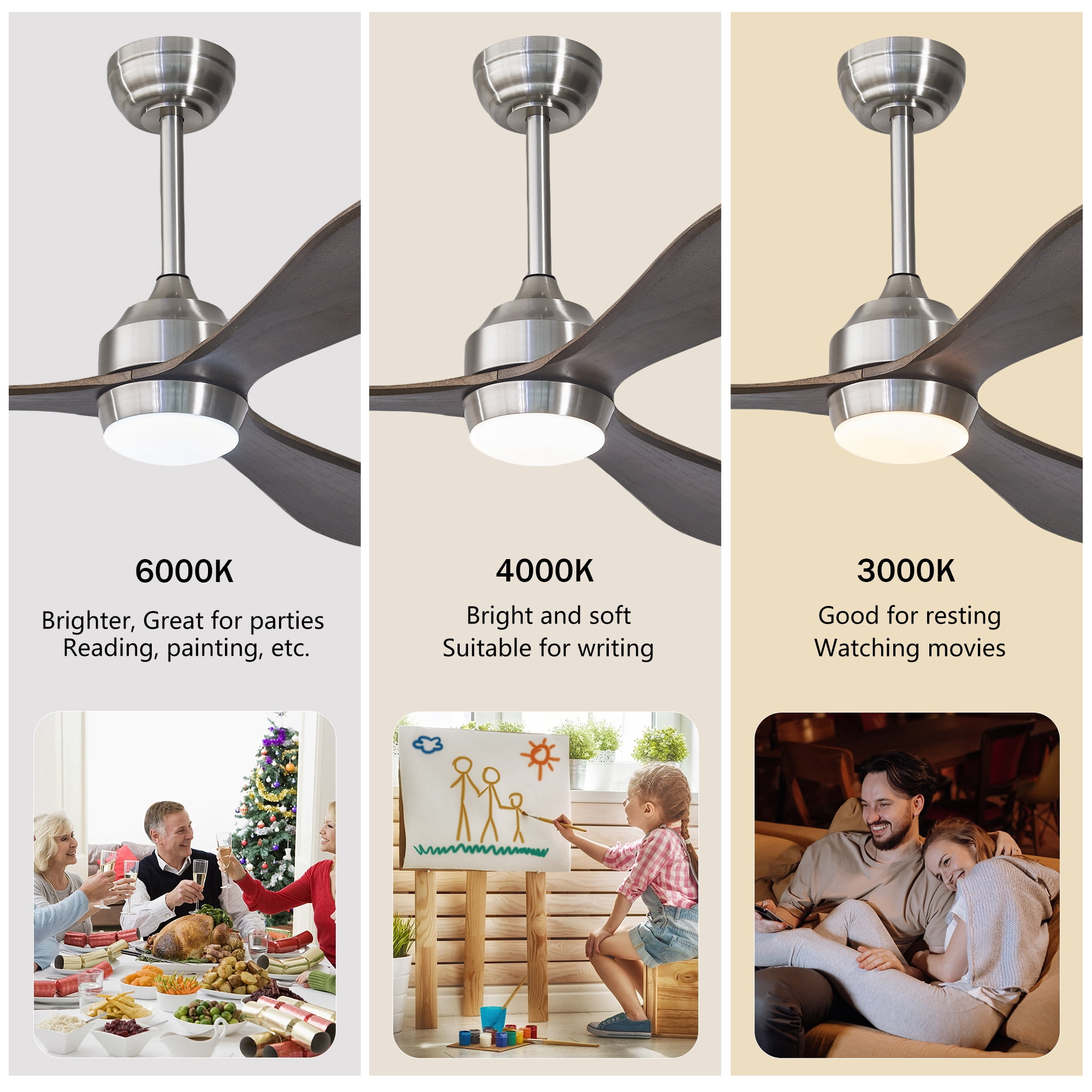 Eowynic 52-Inch Industrial Ceiling Fans with Lights, DC Motor, 6 Speed, Remote Control, 3 Blade,  Nickel