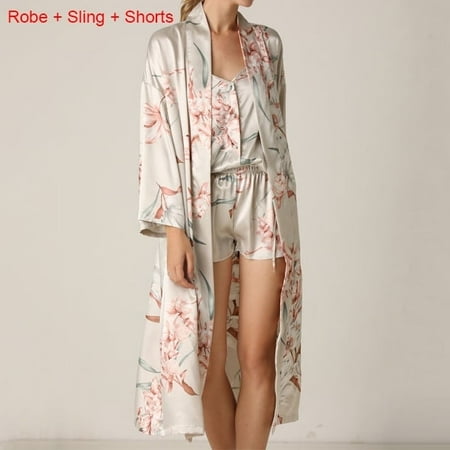 Print Flower Nighty&Robe Suit Sleepwear Sexy Satin Kimono Gown Women Bathrobe Intimate Lingerie Nightwear Silky Nightgown (Gray A L)