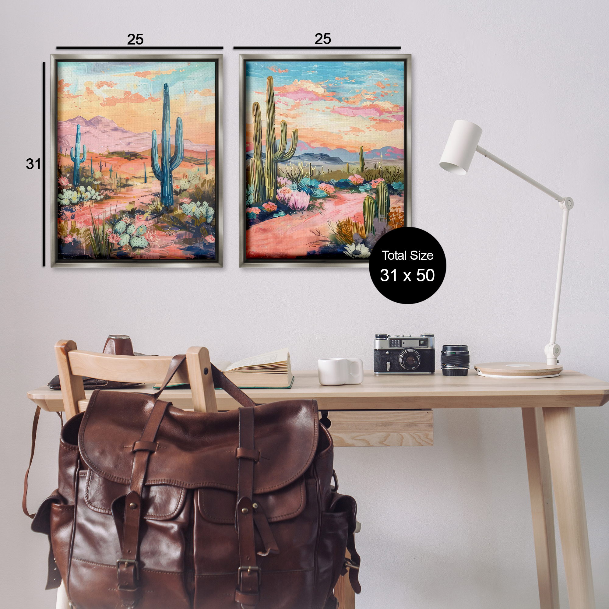 Stupell Industries Cactus Paths & Sunset Landscape & Nature Painting Gray Floater Framed Canvas Art Print Wall Art, 31 x 25, Set of 2