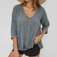 thumbnail image 6 of Ltctricy Cotton Linen Tops for Women 3/4 Length Sleeve V Neck Crossover Button down T Shirts Casual Loose Blouses(Gray,X-Large), 6 of 6