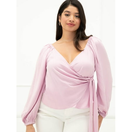 ELOQUII Elements Women's Plus Size Puff Sleeve Wrap Top
