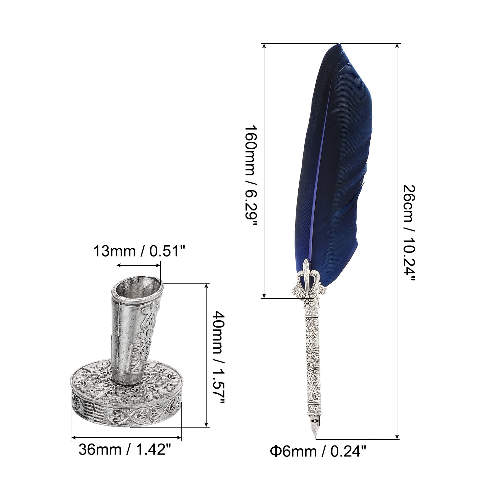 Uxcell 26cm/11" Carved Feather Pen Set, Quill Pen with Ink Set 5 Replacement Nibs Stand Base for Calligraphy,  Dark Blue