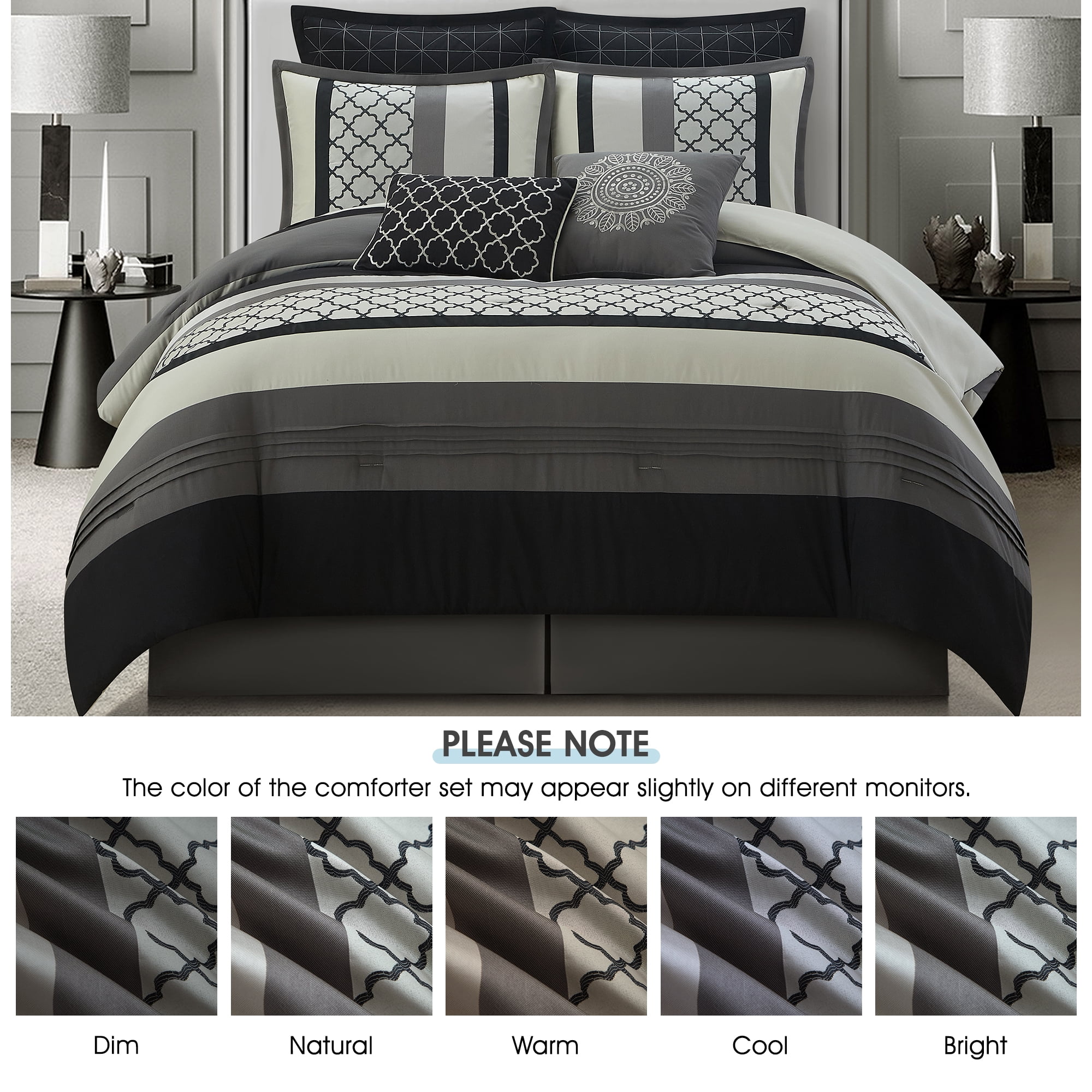 Lanco Moroccan Black/Gray/Off-White, 8-Piece Comforter Set, King, Striped/Geometric