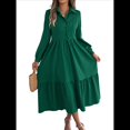 thumbnail image 2 of Vestido Camisero Informal de 3/4 para Mujer, con Botones, Cuello en V, Cuello Escalonado, Holgado y Verde Oscuro L, 2 of 9