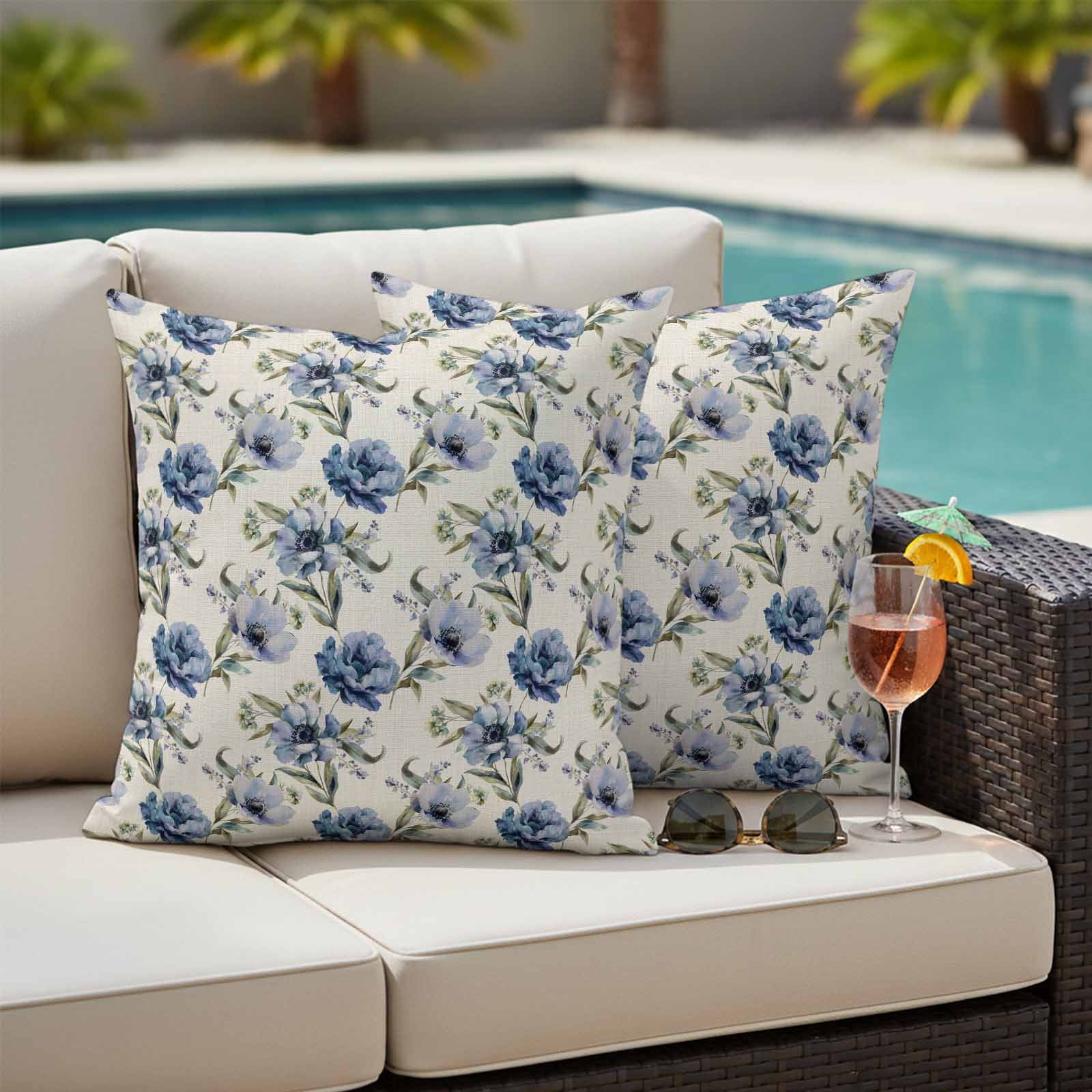 Pack of 2 Outdoor Pillow Covers,Waterproof Navy Blue Floral Throw Pillow Covers,Vintage Flowers Elegant Pastoral Rustic Decorative Pillowcases Cushion Covers Couch Pillow Sham Protector 26x26 Inch