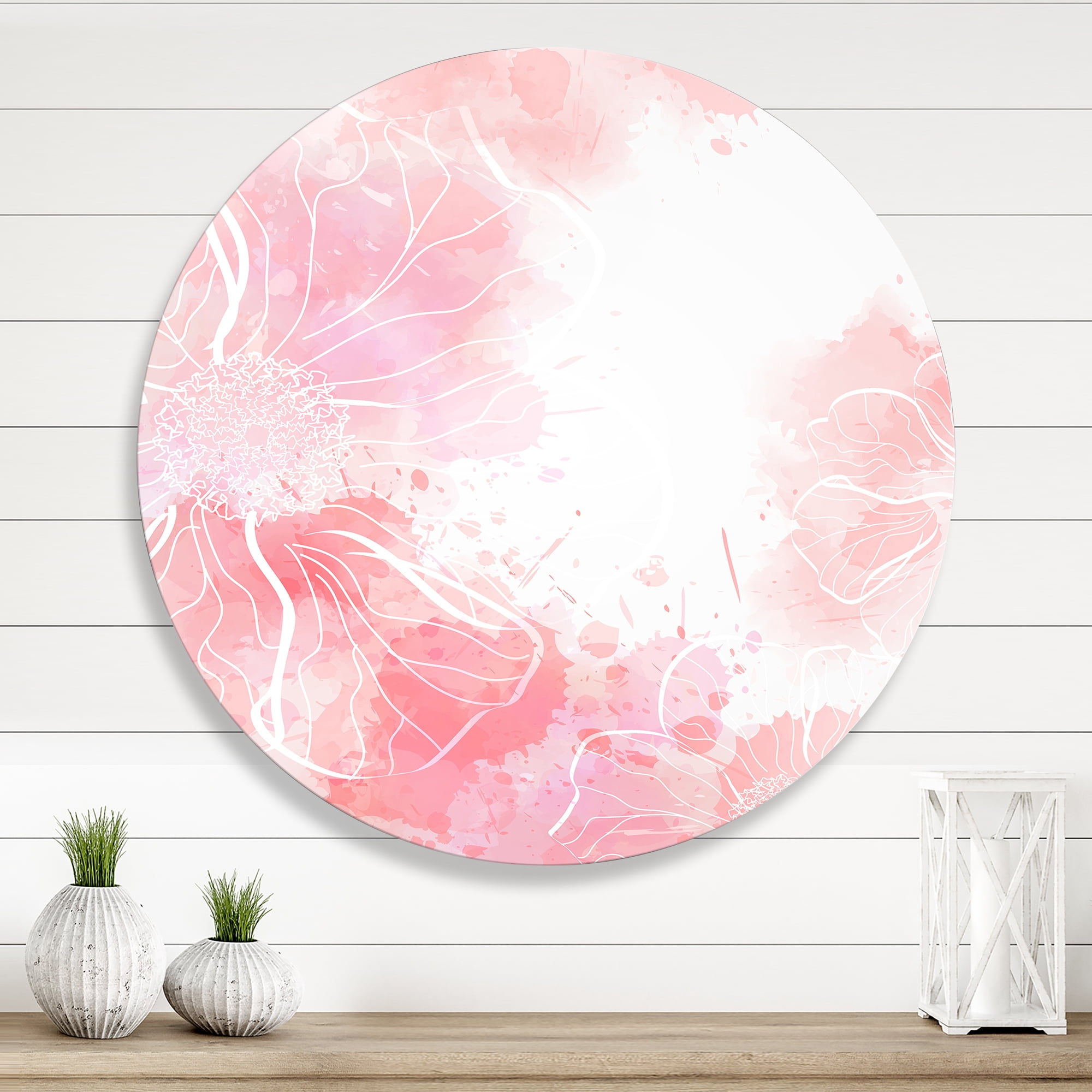 Designart 'Abstract Splashes of Pink Flowers I' Modern Circle Metal Wall Art 23x23 - Disc of 23