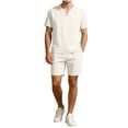 thumbnail image 2 of PNTUTB Men's Solid-Color Two-Piece Set,Short-Sleeve Button-Down V-Neck Top and Drawstring Elastic-Waist Shorts Casual Loose Loungewear Set, 2 of 6