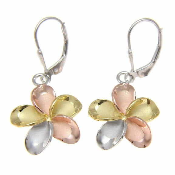 925 sterling silver yellow rose gold rhodium tricolor plated Hawaiian plumeria flower leverback earrings no stone 18mm