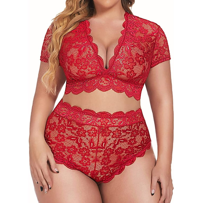 Plus Size Lingerie Set for Women Sexy Halter Choker Strappy Bra and Panty 2  Piece Same Day Delivery Clothes (Red, XXXL) 