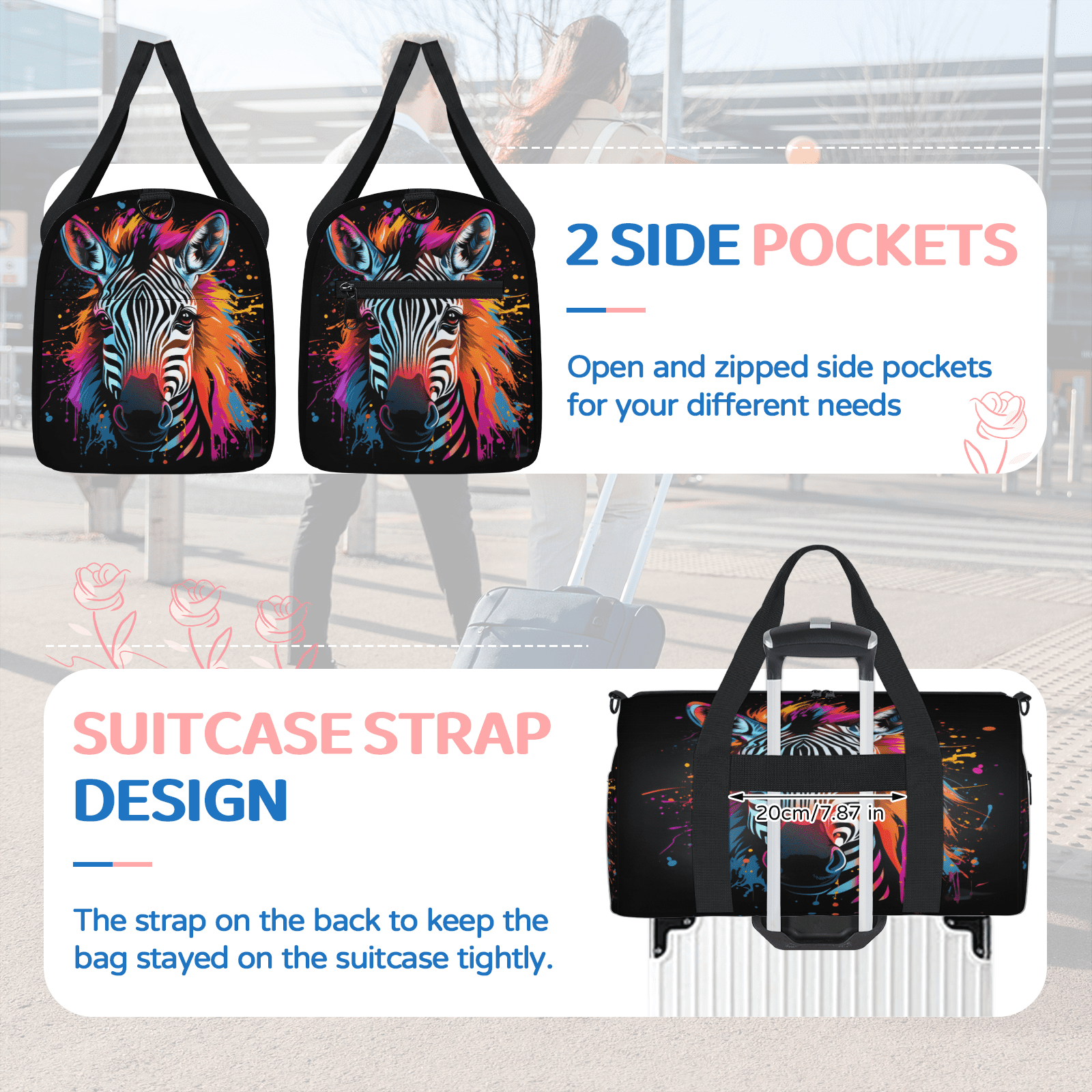 Herdesigns Doodle Zebra Gym Bag for Women, Duffle Bag for Travel Sport, Zebra Print Lightweight Waterproof Carry on Weekender Dance Yoga Workout Bags