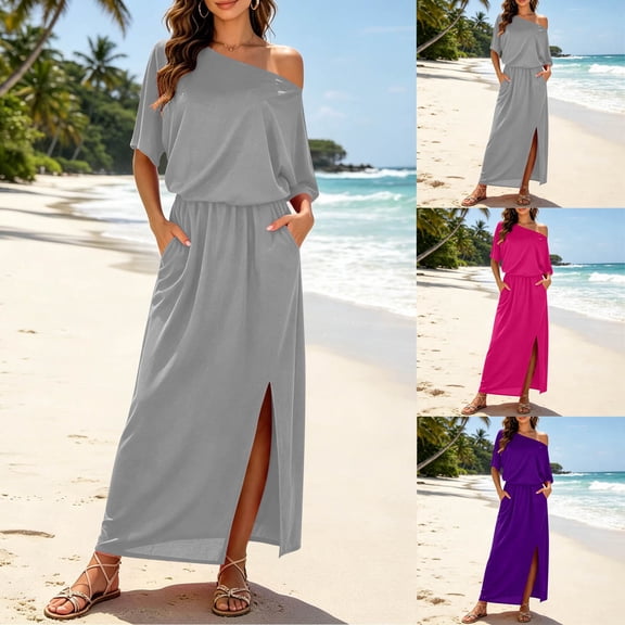 Nmnitkp Dresses for Women One Shoulder Short Sleeve Maxi Dress, Casual Summer Beach Dress with Pockets, Elastic Waist Split Flowy Solid Color Dress Gray,S