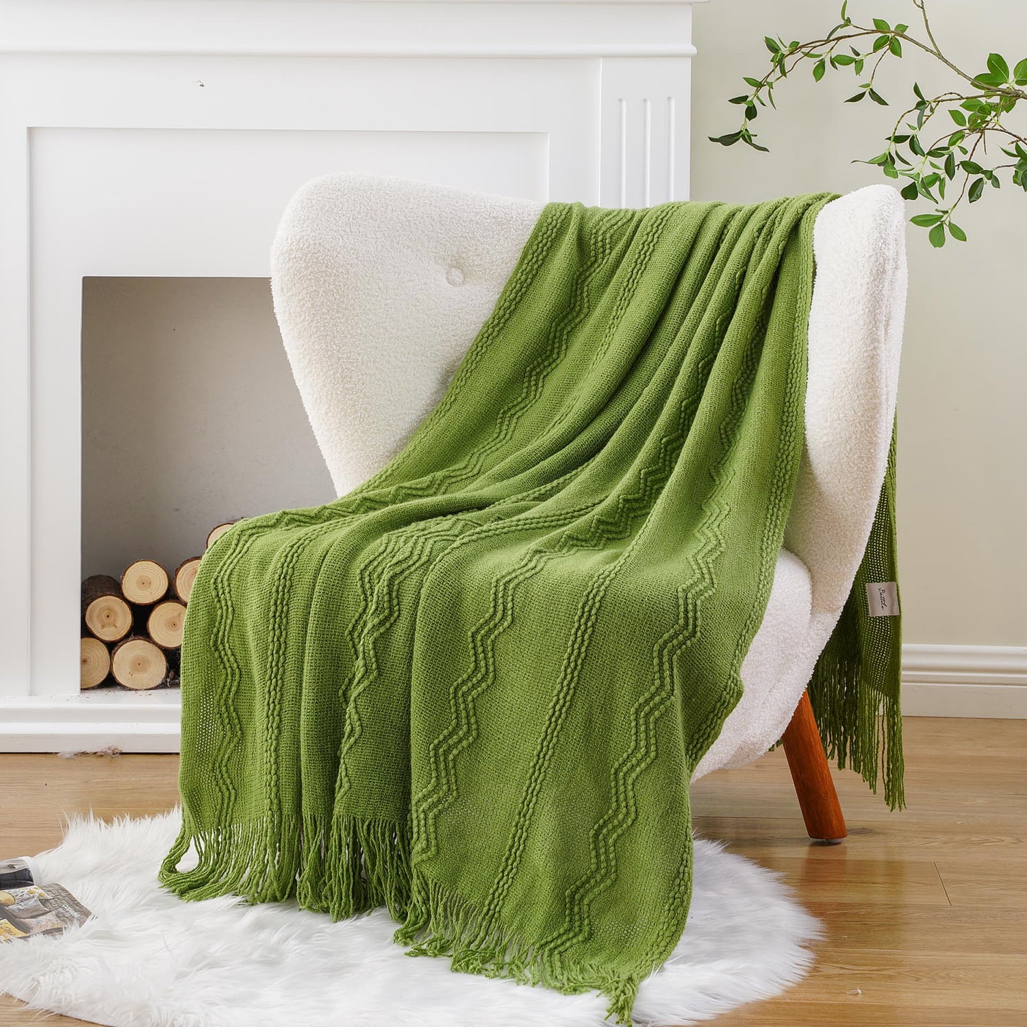 Battilo Green Throw Blankets,Lightweight Textured Knit Blanket with Tassels,Spring Throws,50"x60"
