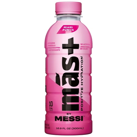 MÁS+ BY MESSI MAS+ BY MESSI HYDRATION SPORTS DRINK MIAMI PUNCH, 16.9 FL OZ BOTTLE