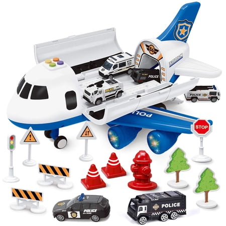 Fun Little Toys Transport Cargo Airplane Toy Carrier Vehicle with Police Die-cast Toy Plane Vehicle Playset  (23 Pieces)
