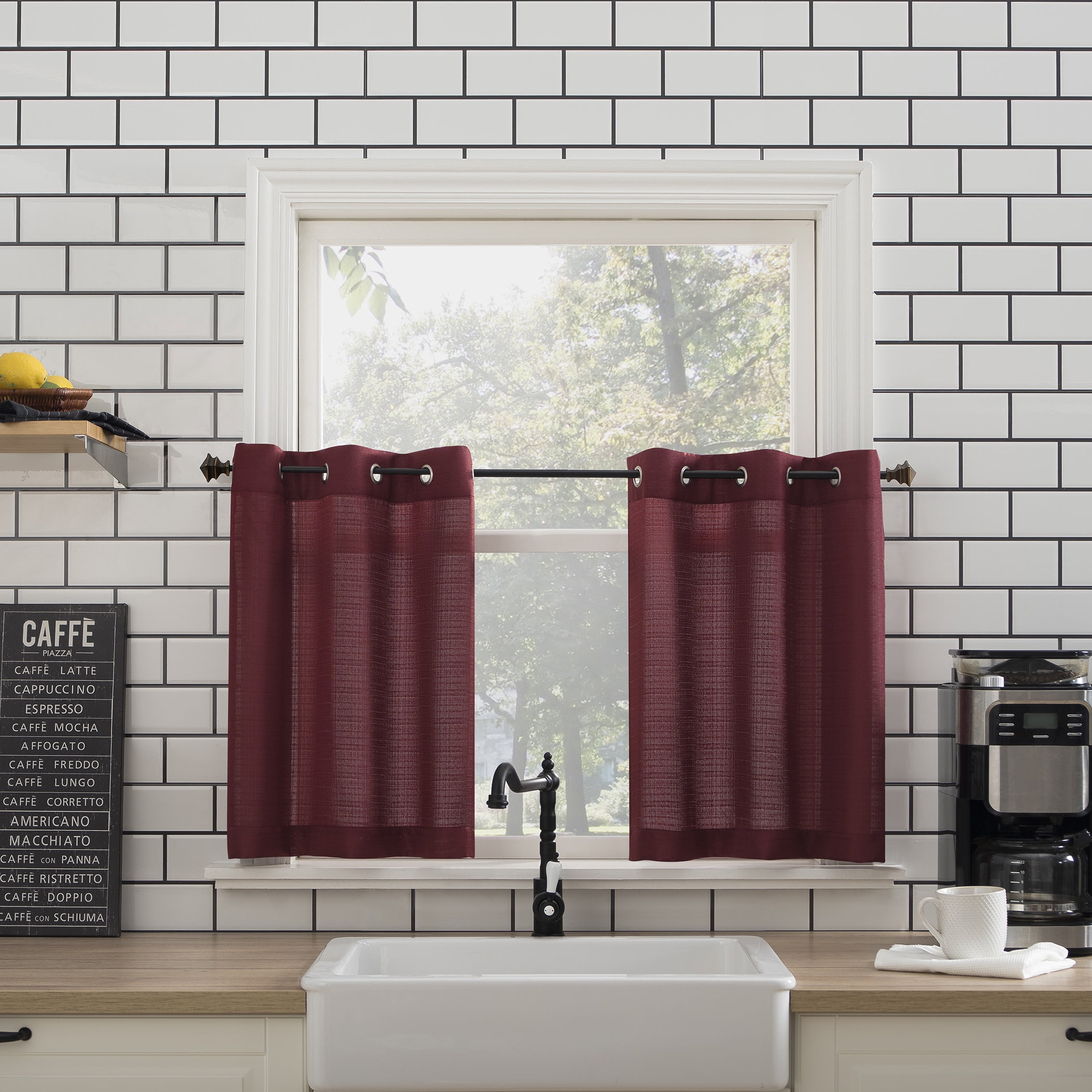 Mainstays Solid Semi Sheer Curtain Tier Pair and Valance Set, 3-Piece, Wine, 54" W x 36" L
