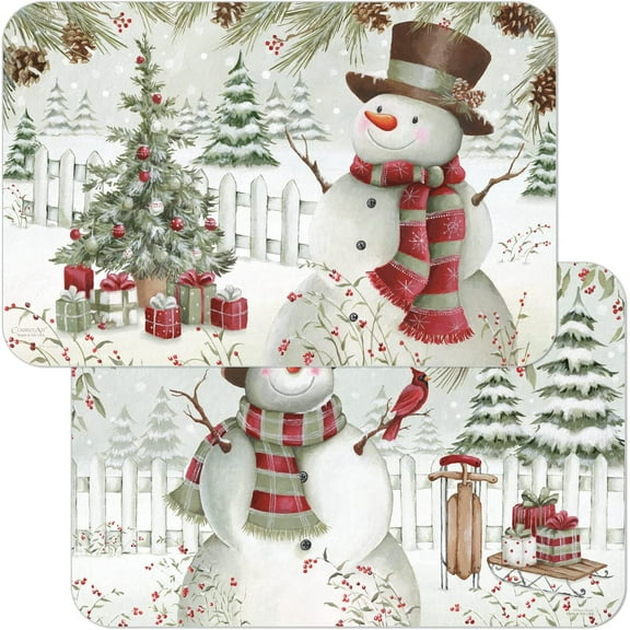 Wipe-Clean Reversible Decofoam Placemats, Brown Hat Snowman, Set of 2, Made in The USA