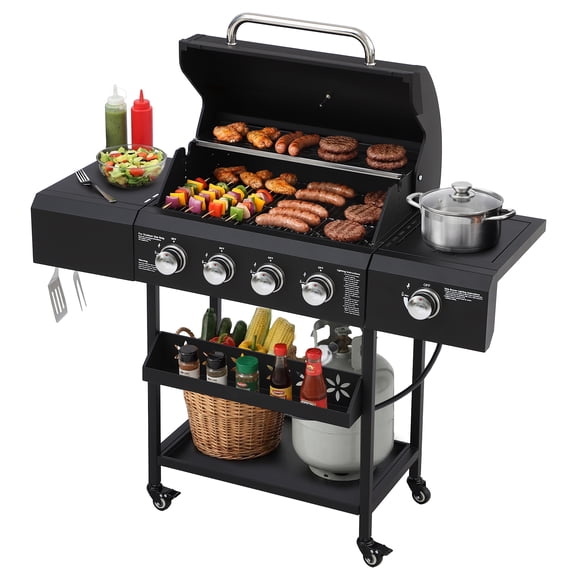 Haverchair 4 Burner Propane Gas Grill with Side Burner & Stainless Steel Grates, Portable Barbecue Grill with Side Table and Spice Rack, Outdoor Gas BBQ with Thermometer for Patio Party, 50000 BTU