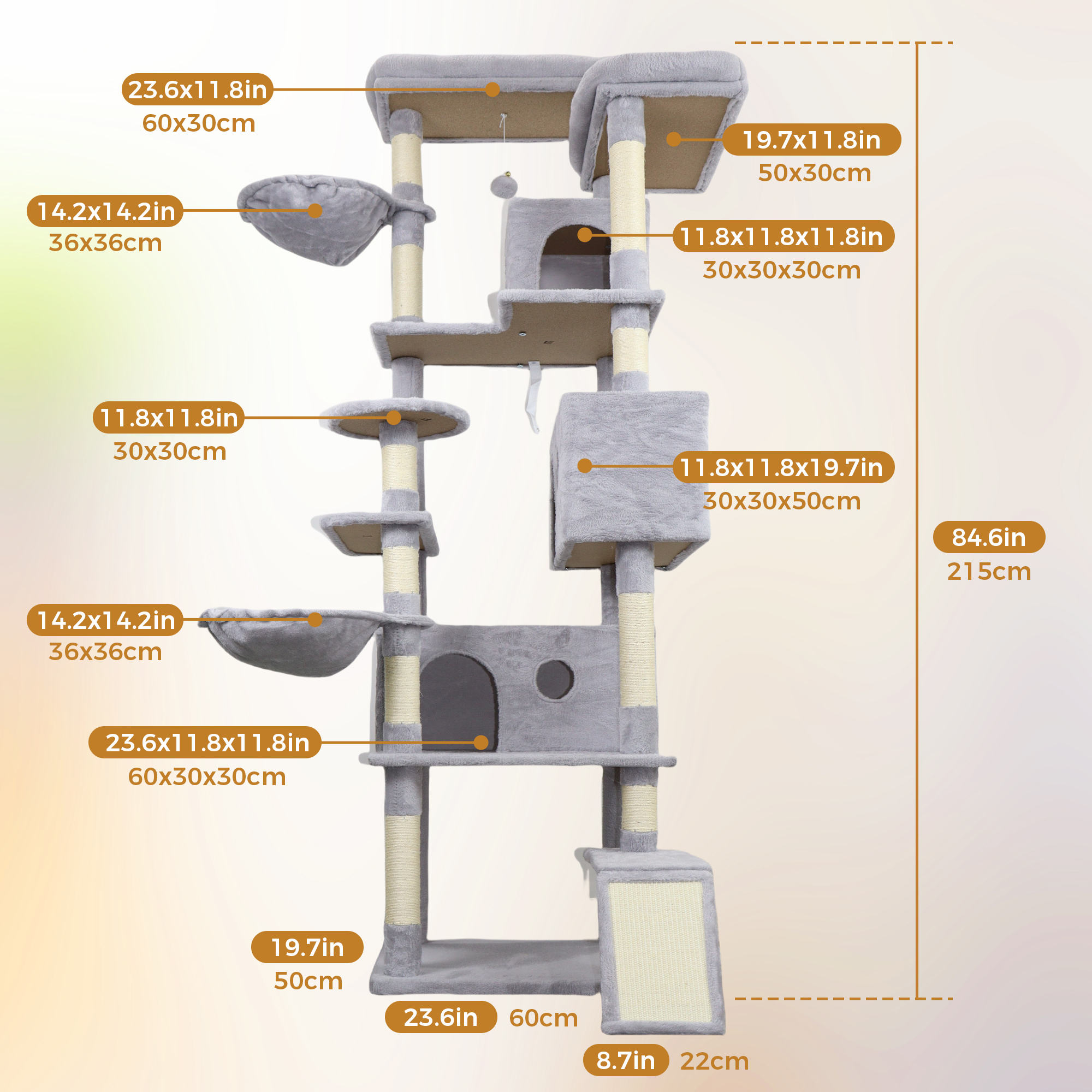 Jopath 84.6 in Light Gray Cat Tree Tower with Wide Base, 3 Large Hinding Condo, 11 Sisal Scratching Post,2 Hammocks, Large Top Platform, Many landing Perch and Interactive toy