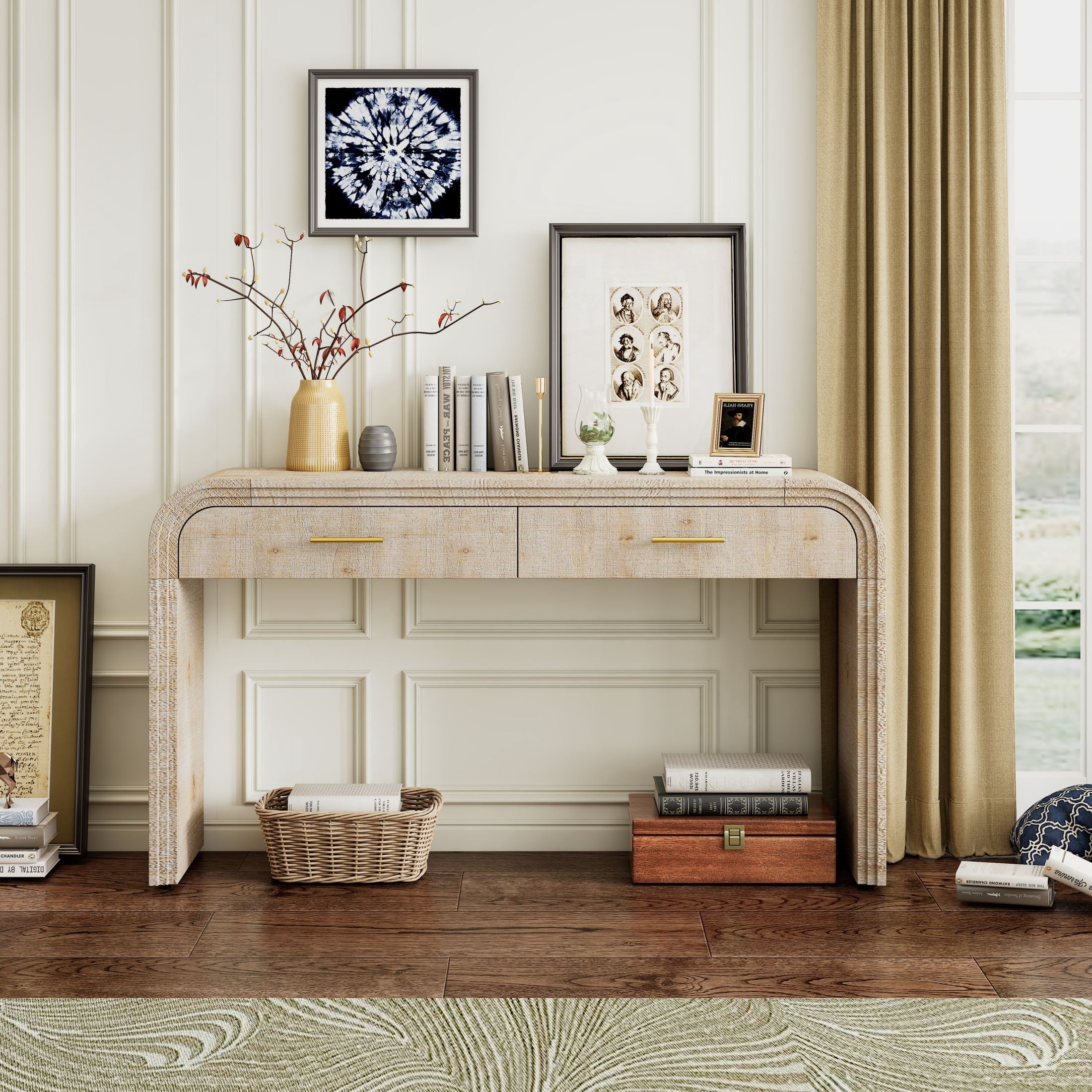 Aukfa 59" Console Table with 2 Drawers, Retro Entryway Table with Storage, Narrow Long Sofa Table for Living Room, Hallway, Foyer - Antique White