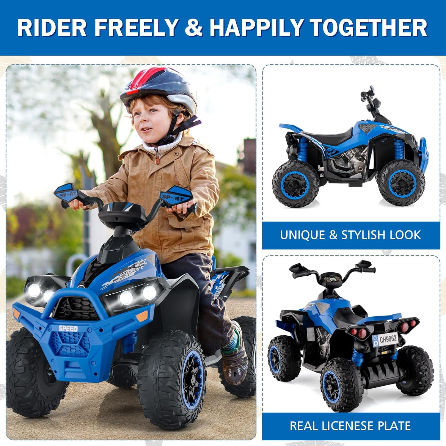 OLAKIDS Kids Ride on ATV, 12V 4 Wheeler Quad Toy Vehicle with Music, Horn, High Low Speeds, LED Lights, Electric Ride On Toy, Battery Powered Wheels Car for Children 3-8 Years Old