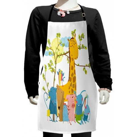 

Nursery Kids Apron Zoo Animals Sitting Under a Tree Cartoon Style Giraffe Pig Bunny Monkey and Hen Boys Girls Apron Bib with Adjustable Ties for Cooking Baking Painting Multicolor by Ambesonne