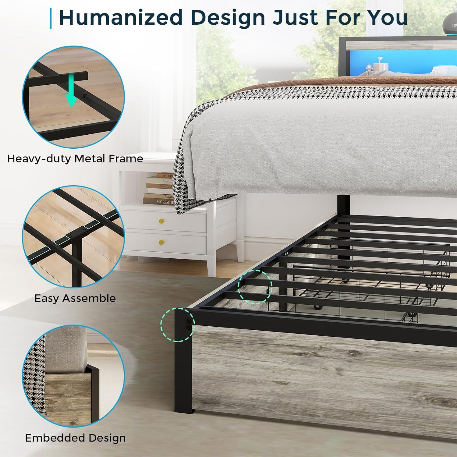 DRNANLIT King Size LED Bed Frame with Storage Headboard and 4 Drawers Charging Station,Gray