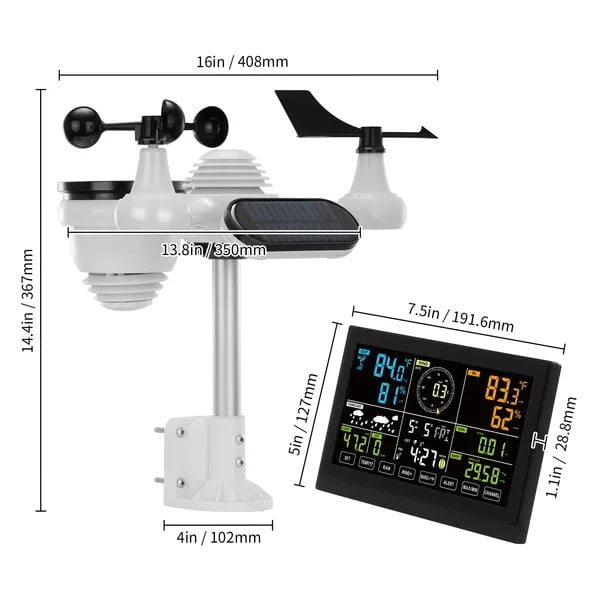 7-in-1 Wireless Weather Station, 7.5 in Color Display, Digital Weather Station Indoor Outdoor, for Temperature Humidity Wind Speed/Direction Rain UV, with Forecast Data, Alarm, Alerts-NO WIFI