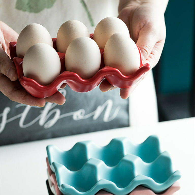 2 Pack Red Ceramic Half Dozen 6 Egg Tray Holder for Countertop, Refrigerator