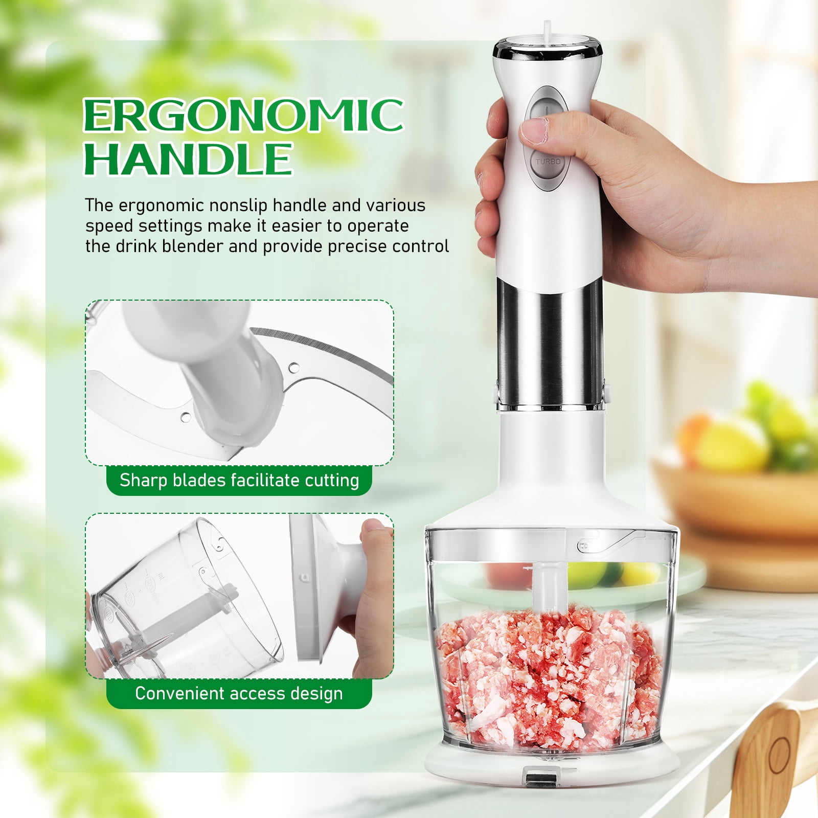 PAMINGONO White 5-in-1 Hand Blender Set – Electric Mixer Chopper Whisk Milk Frother for Soups, Sauces & Smoothies, US Plug