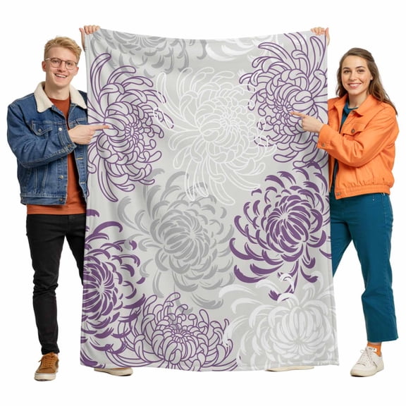 Floral Pattern Flannel Blanket for Bed,Travel and Camping, Outline White Purple Chrysanthemum Graphic Super Soft Cozy Blanket for All Seasons 50"x60"